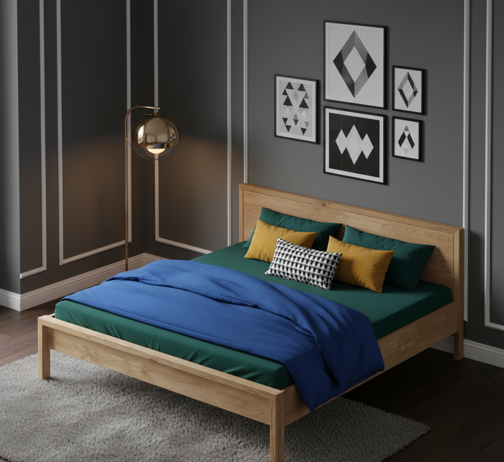 Full view of the minimalist Danish design bed in a serene bedroom.