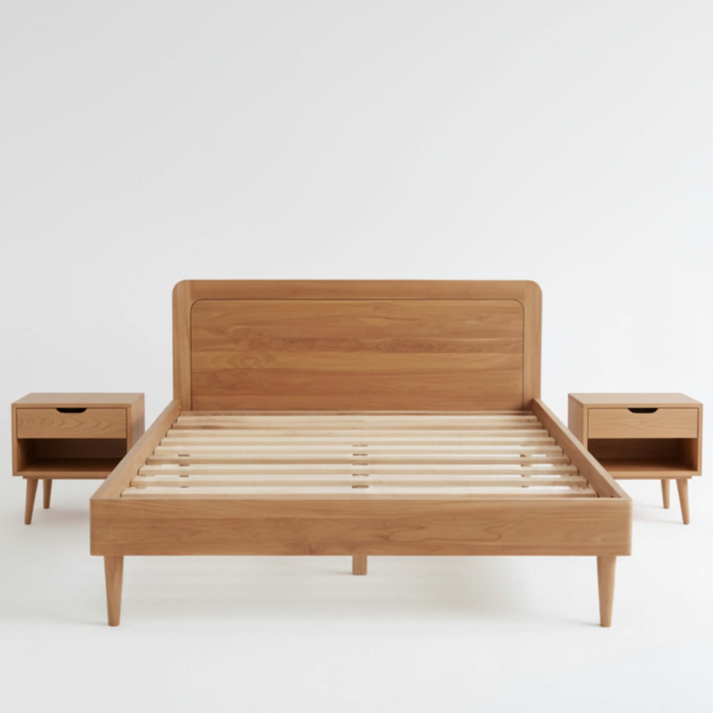 Wooden bed with two matching nightstands showing the natural grain and finish of KAYA Solid Teak Wood