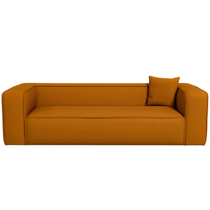 "The Sukun Boucle Sofa by AR4HandsFurniture. A front view of the modern, dark yellow sofa."