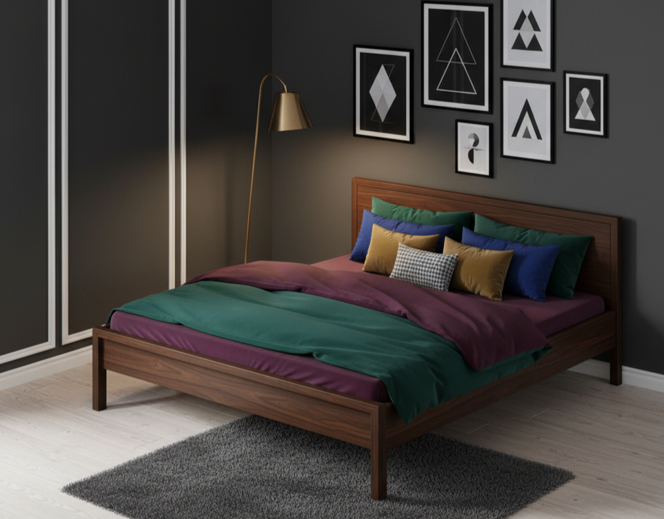 The_Scandi-Zen_Solid_Oak_Platform_Bed Wooden bed with colorful bedding in a room with dark walls and framed art.