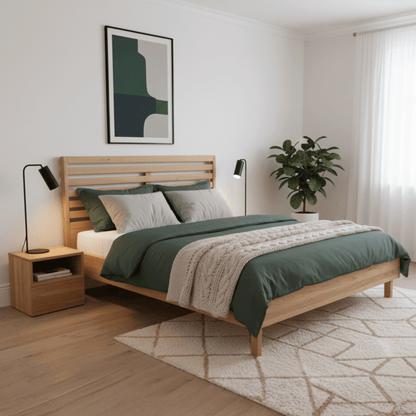 Cozy Bedroom Setting with SEHRA Solid Ash Bed and Natural Lighting