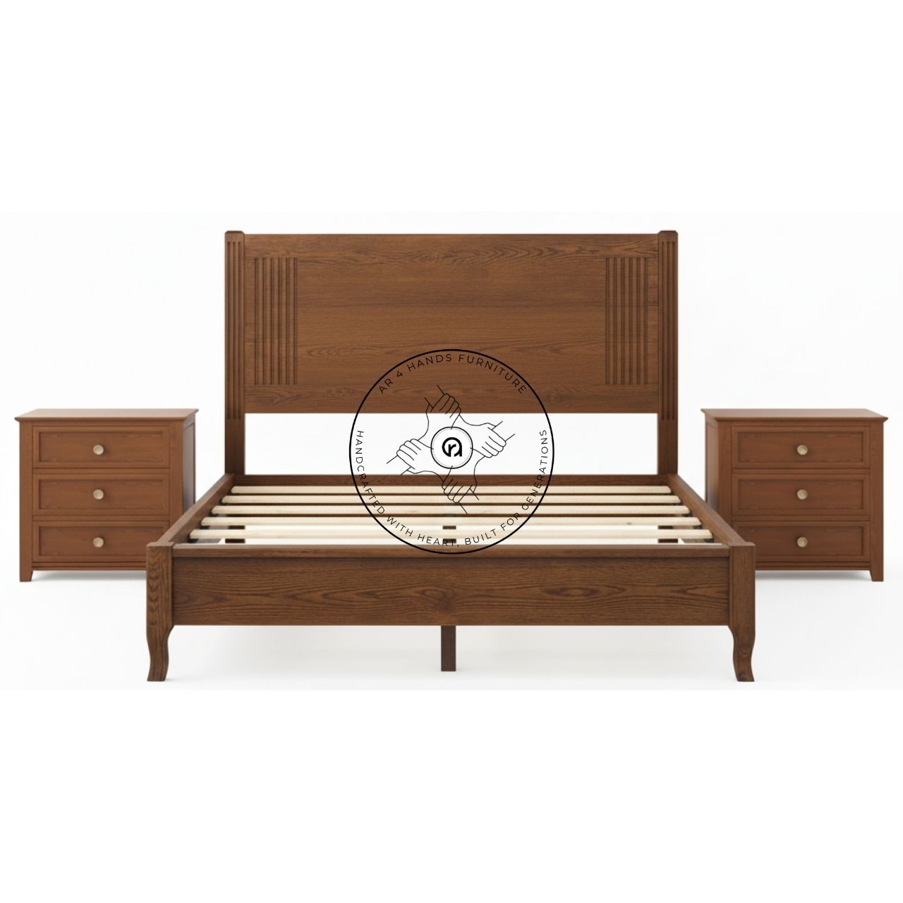 Close-up of the Bona Solid Wood Bed, showing the polished finish and the graceful curve of the handcrafted wooden headboard.