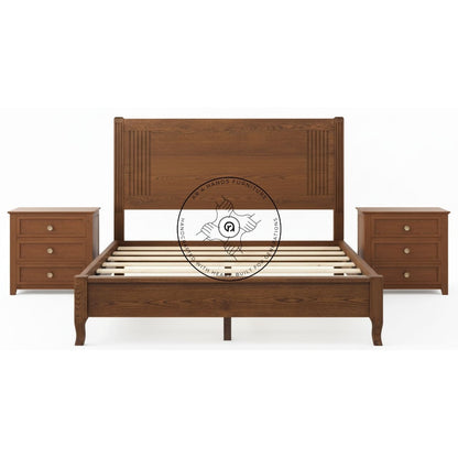 Close-up of the Bona Solid Wood Bed, showing the polished finish and the graceful curve of the handcrafted wooden headboard.