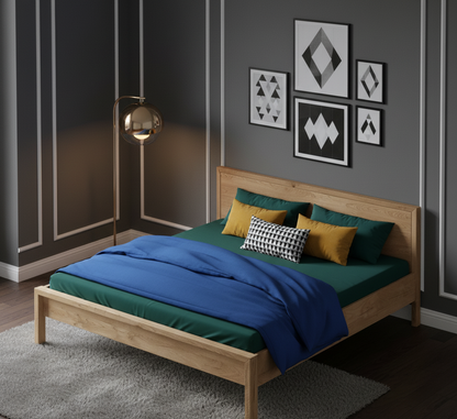 Full view of the minimalist Danish design bed in a serene bedroom.