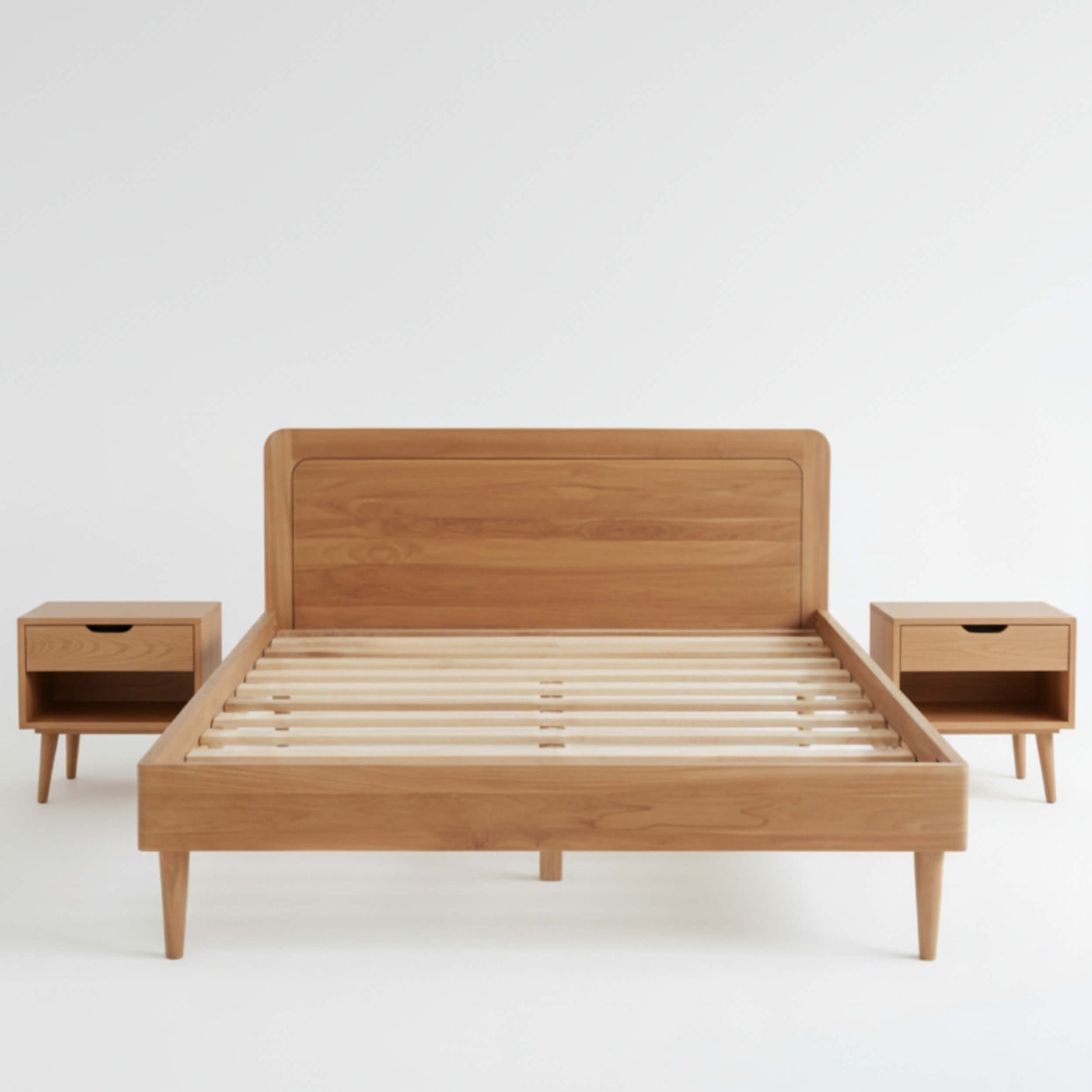 Wooden bed with two matching nightstands   showing the natural grain and finish of KAYA Solid Teak Wood