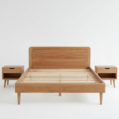 Wooden bed with two matching nightstands   showing the natural grain and finish of KAYA Solid Teak Wood