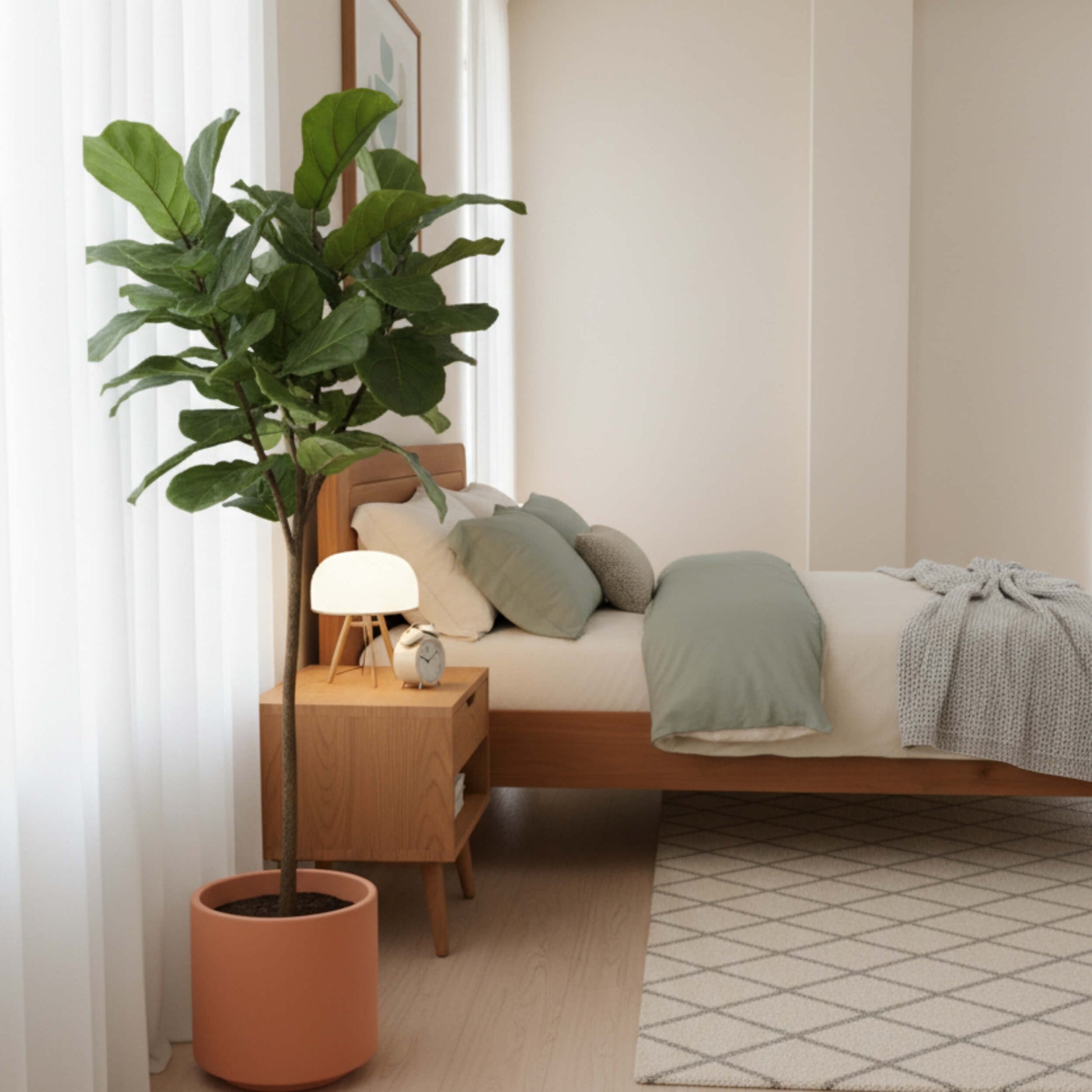 View showing ideal mattress height on KAYA Solid Teak Platform Bed