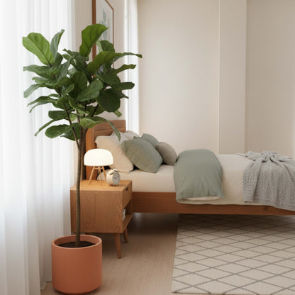 View showing ideal mattress height on KAYA Solid Teak Platform Bed