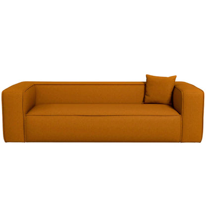 "The Sukun Boucle Sofa by AR4HandsFurniture. A front view of the modern, dark yellow sofa."