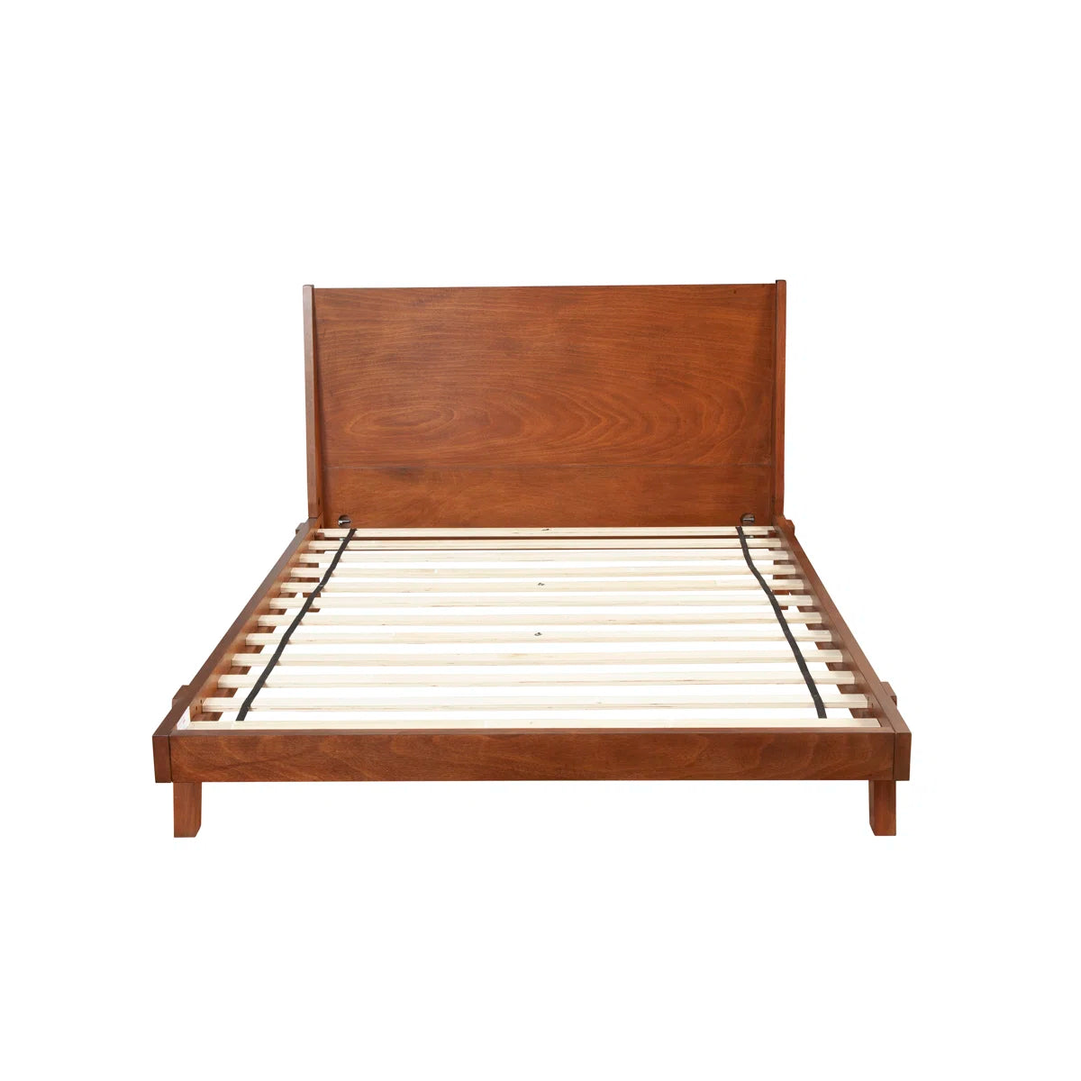 "Close-up of the bed's full headboard, highlighting the warm acorn tone and natural wood grain variation."