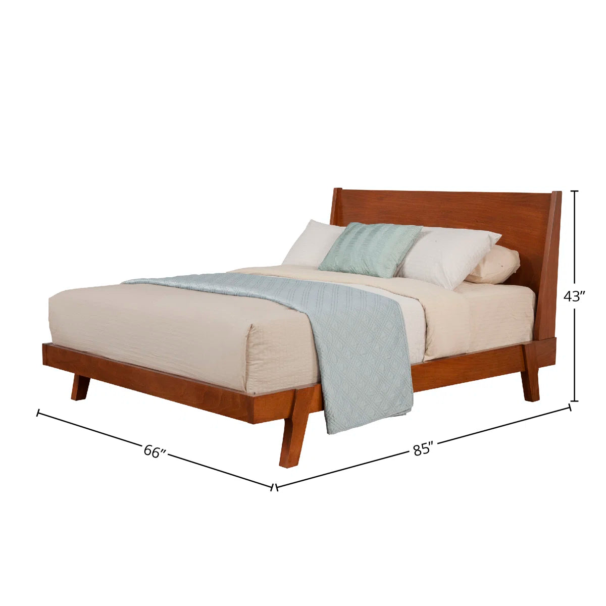 TheJunoPanelBed_ Wooden bed with bedding and dimensions labeled on a white background