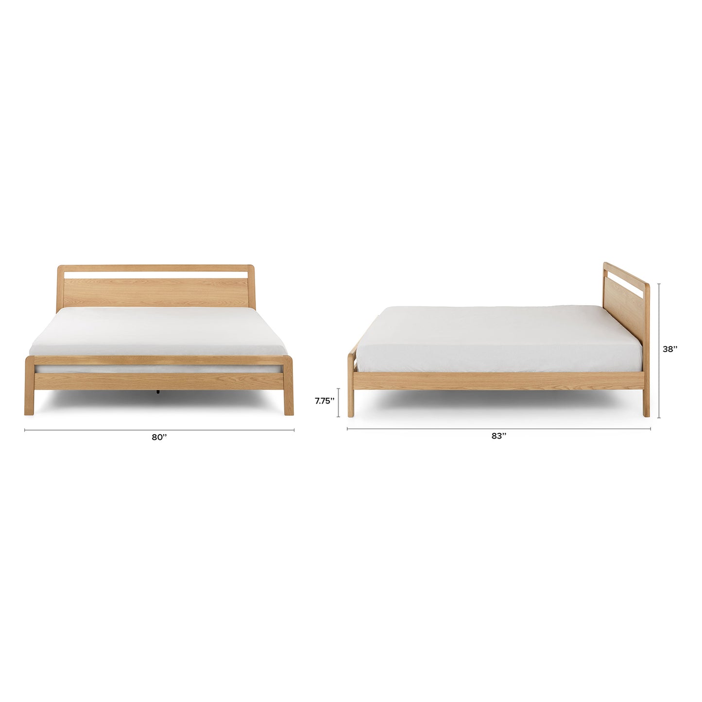 A shot of the bed frame, showing its height and the included wooden slats, indicating no boxspring is needed."
