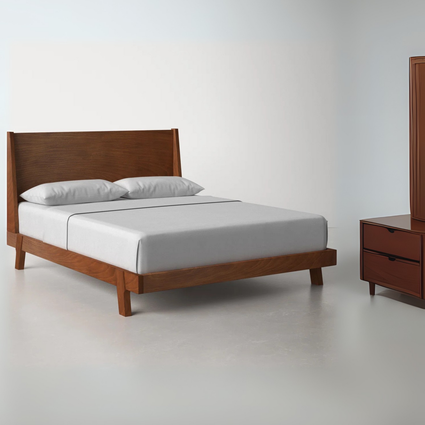 "The Juno Panel Bed by AR4HandsFurniture. A modern, minimalist solid wood bed with a low-profile design and acorn finish."