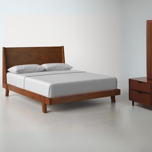 "The Juno Panel Bed by AR4HandsFurniture. A modern, minimalist solid wood bed with a low-profile design and acorn finish."