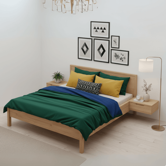 Full view of the minimalist Danish design bed in a serene bedroom.